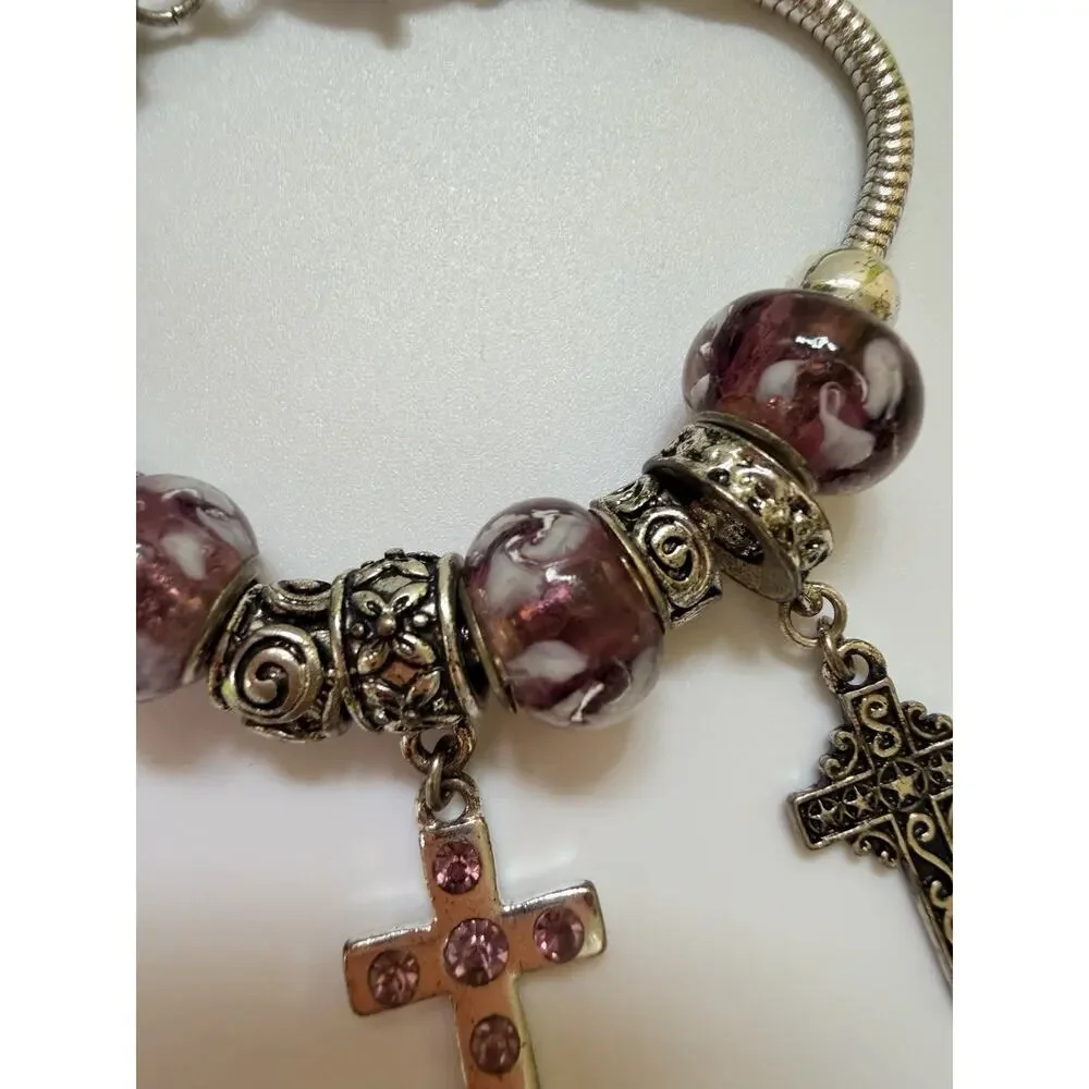 CROSS FAITH DANGLE CHARM BRACELET PURPLE‎ SILVERTONE CHUNKY 8” Y2K